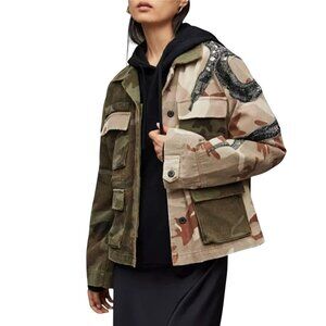 AllSaints Finch Beaded Cotton Camo Jacket  Designer Hard To Find Unique Size 0